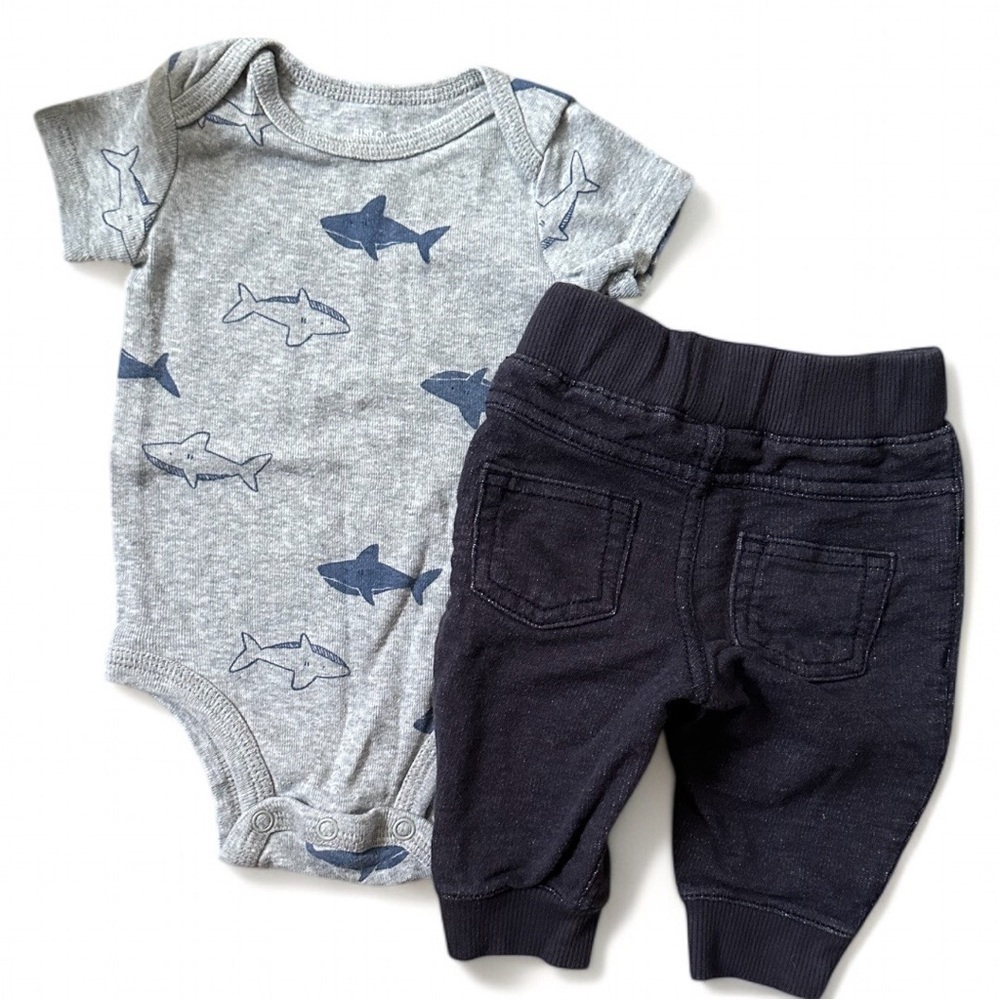 Carter’s Baby Boy Clothes Shark Print Onesie & Denim Joggers Pants Set 3 months